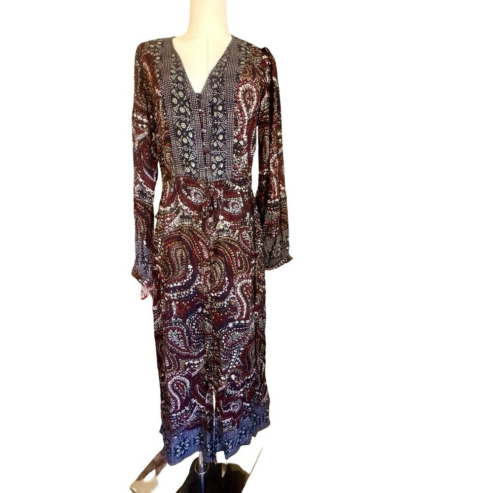 Knox Rose Target Boho Paisley Print Long Sleeve Button Down Maxi Dress Small S